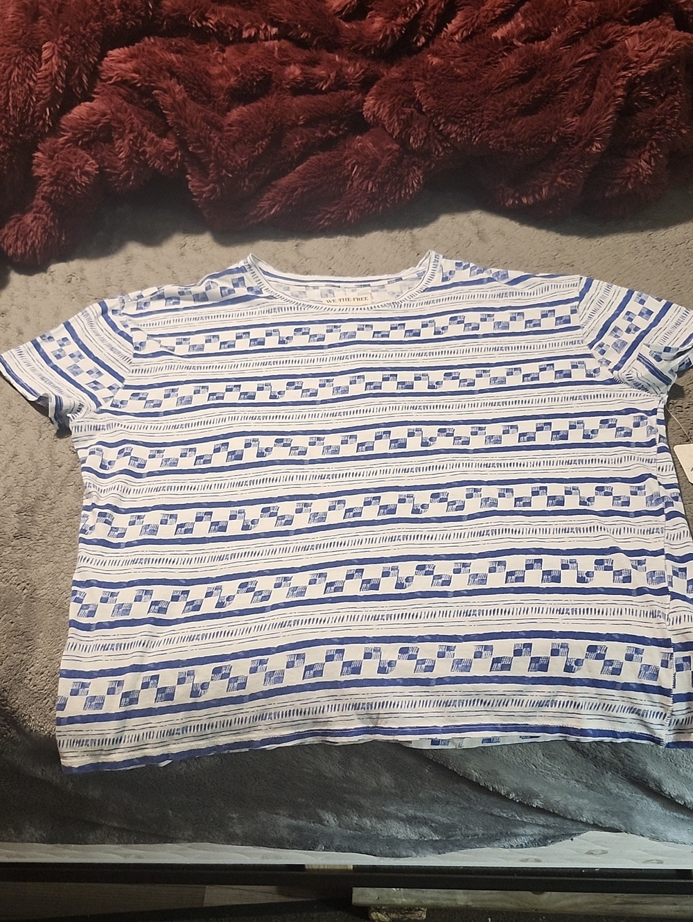 Free People Blue & White OS Flowing Tee Shirt